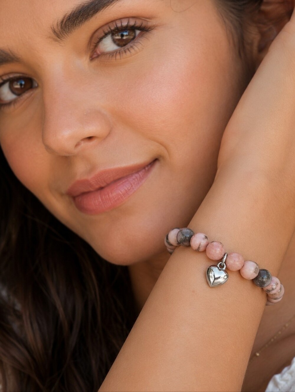 Pink Zebra Jasper Natural Stone Beaded Silver Puffy Heart Charm Bracelet